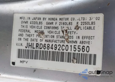 2002 Honda Cr-V Lx from USA, damaged, VIN JHLRD68492C015560